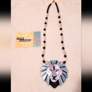 Gorgeous Vintage Lee Sands Mother Of Pearl Inlay Lion Head Statement Necklace